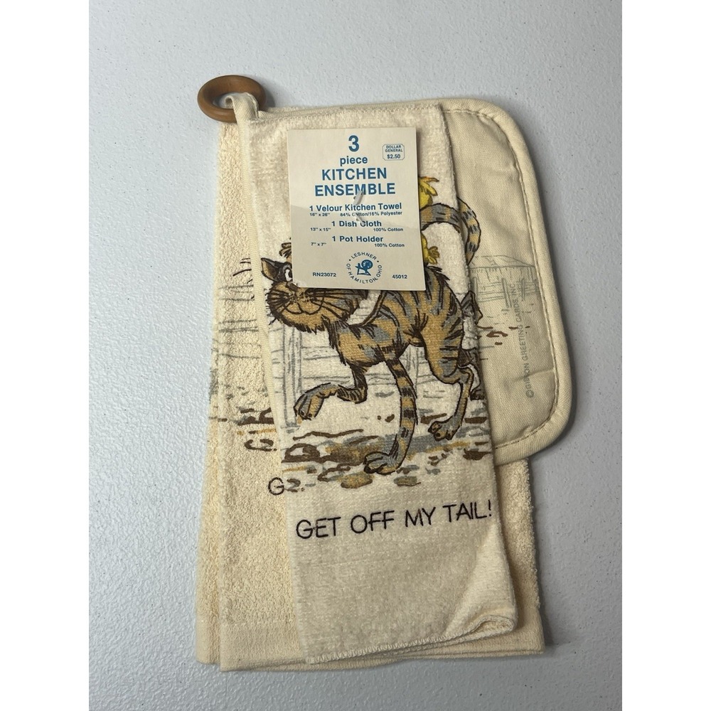Vtg 3 Piece Kitchen Towel Set Cat Bird MCM‎ Pot Holder Dish Cloth Gibson Humor